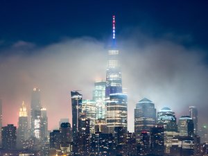 city skyline during night time